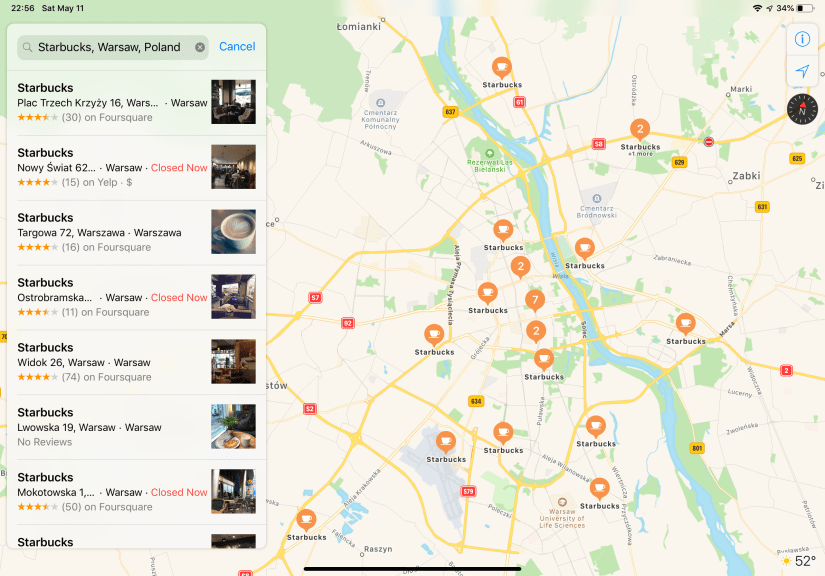 Map of Starbucks in Warsaw