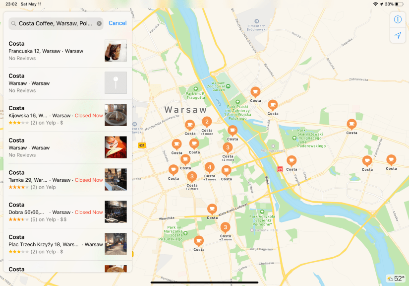 Map of Costa Coffee in Warsaw